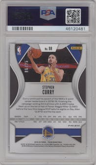 Stephen Curry from the 2019-20 Panini Prizm set featuring a Green Shimmer parallel graded by PSA and given an overall grade of 9.