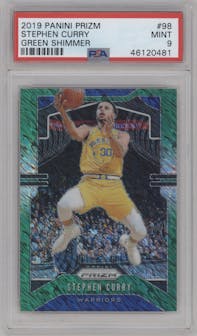 Stephen Curry from the 2019-20 Panini Prizm set featuring a Green Shimmer parallel graded by PSA and given an overall grade of 9.