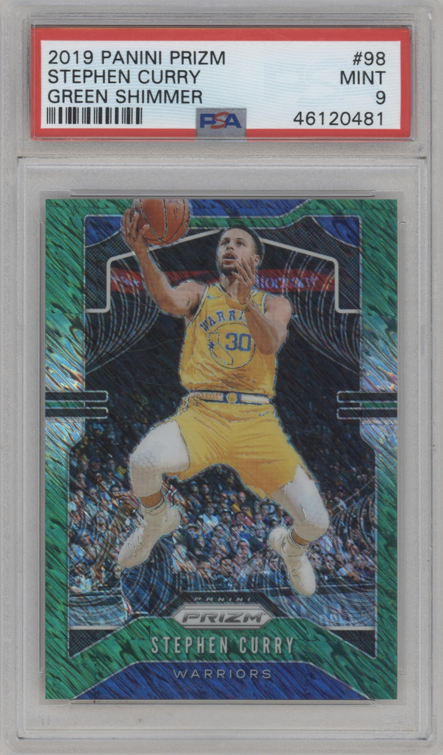Stephen Curry from the 2019-20 Panini Prizm set featuring a Green Shimmer parallel graded by PSA and given an overall grade of 9.