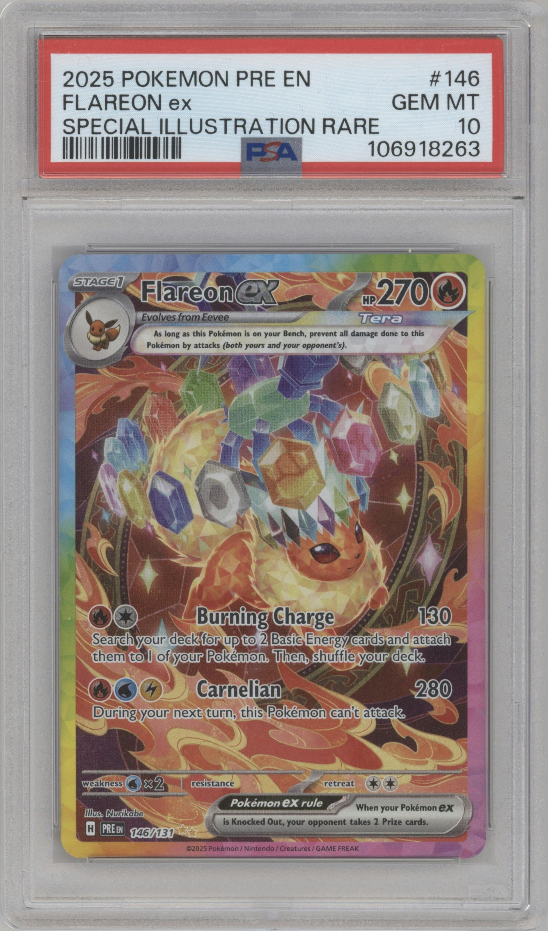 Flareon ex from the 2025 Pokemon SV set graded by PSA and given an overall grade of 10.