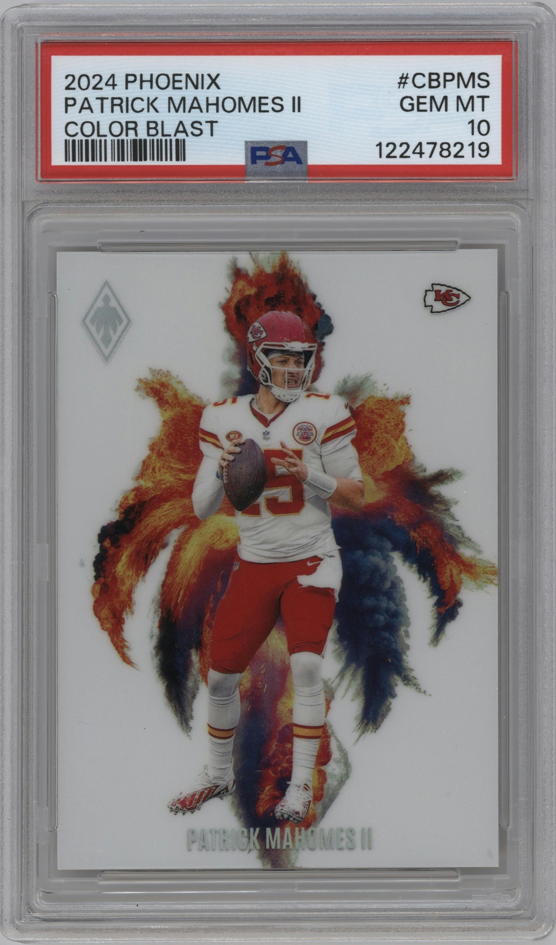 Patrick Mahomes II from the 2024 Panini Phoenix set graded by PSA and given an overall grade of 10.