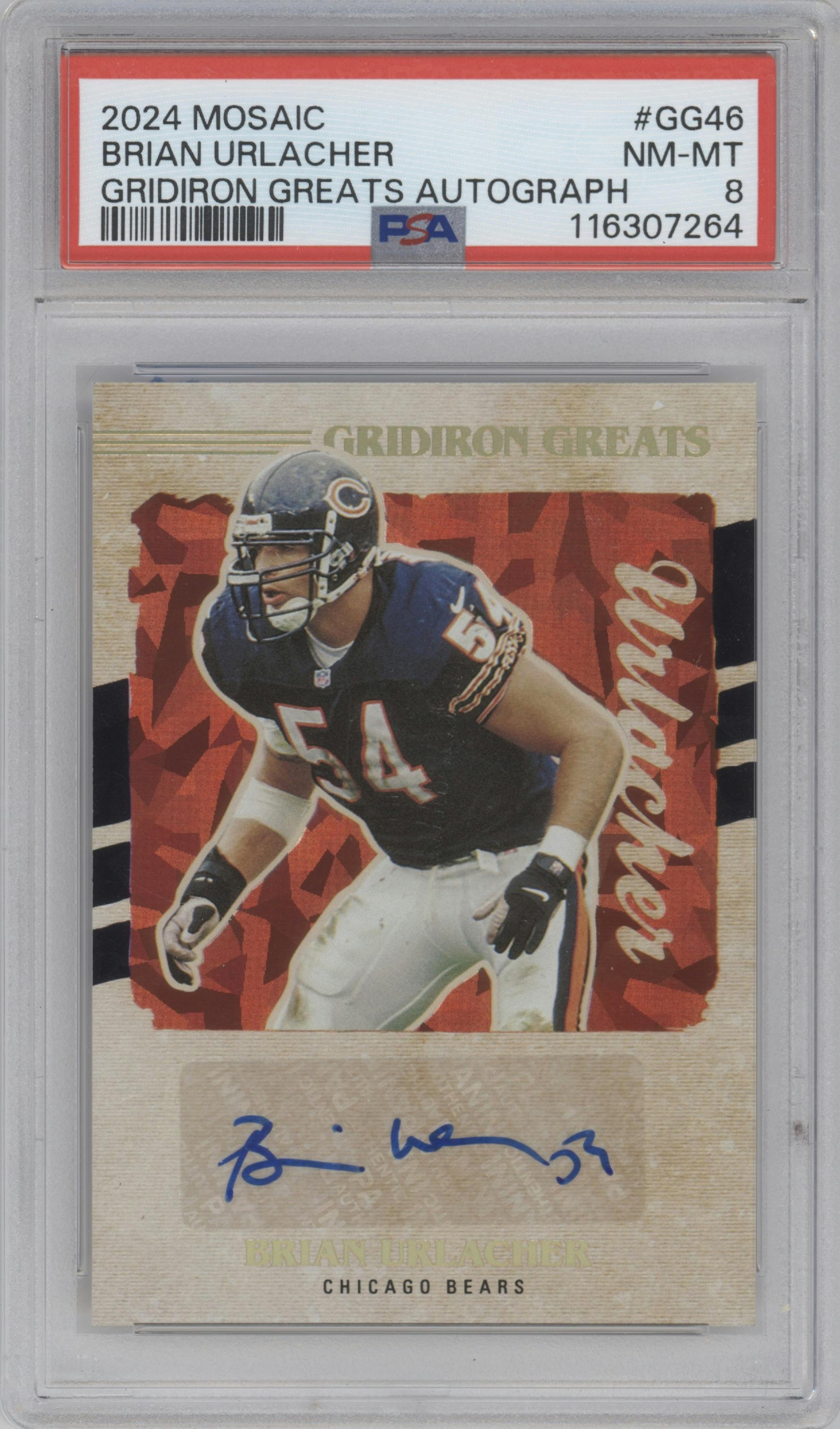Brian Urlacher from the 2024 Panini Mosaic set graded by PSA and given an overall grade of 8.