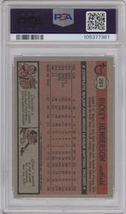 Rickey Henderson from the 1981 Topps set graded by PSA and given an overall grade of 6.