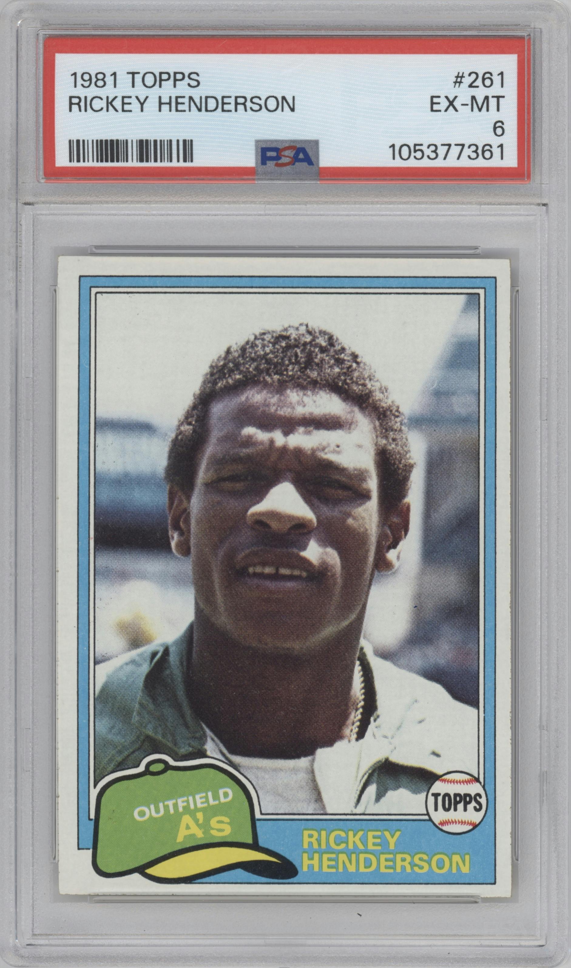 Rickey Henderson from the 1981 Topps set graded by PSA and given an overall grade of 6.
