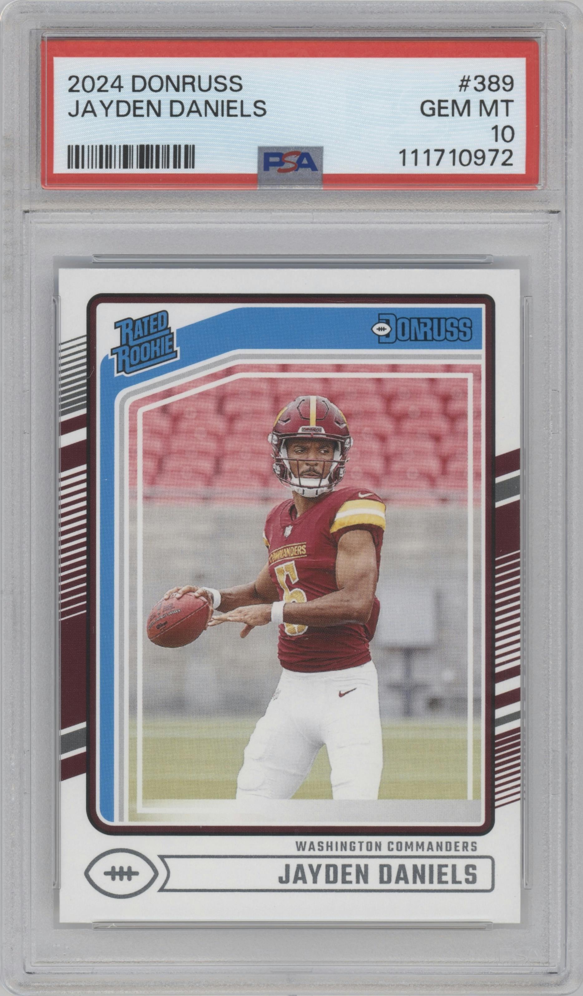 Jayden Daniels from the 2024 Donruss set graded by PSA and given an overall grade of 10.