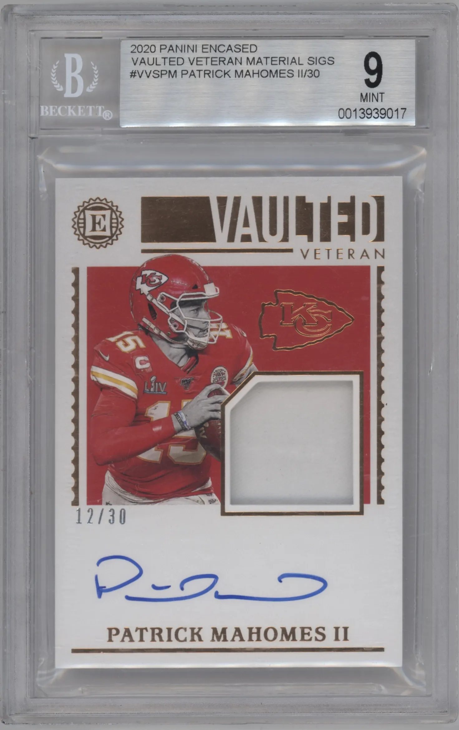 2020 Panini Encased Vaulted Mat.Sig. Patrick Mahomes II #VVS-PM BGS 9