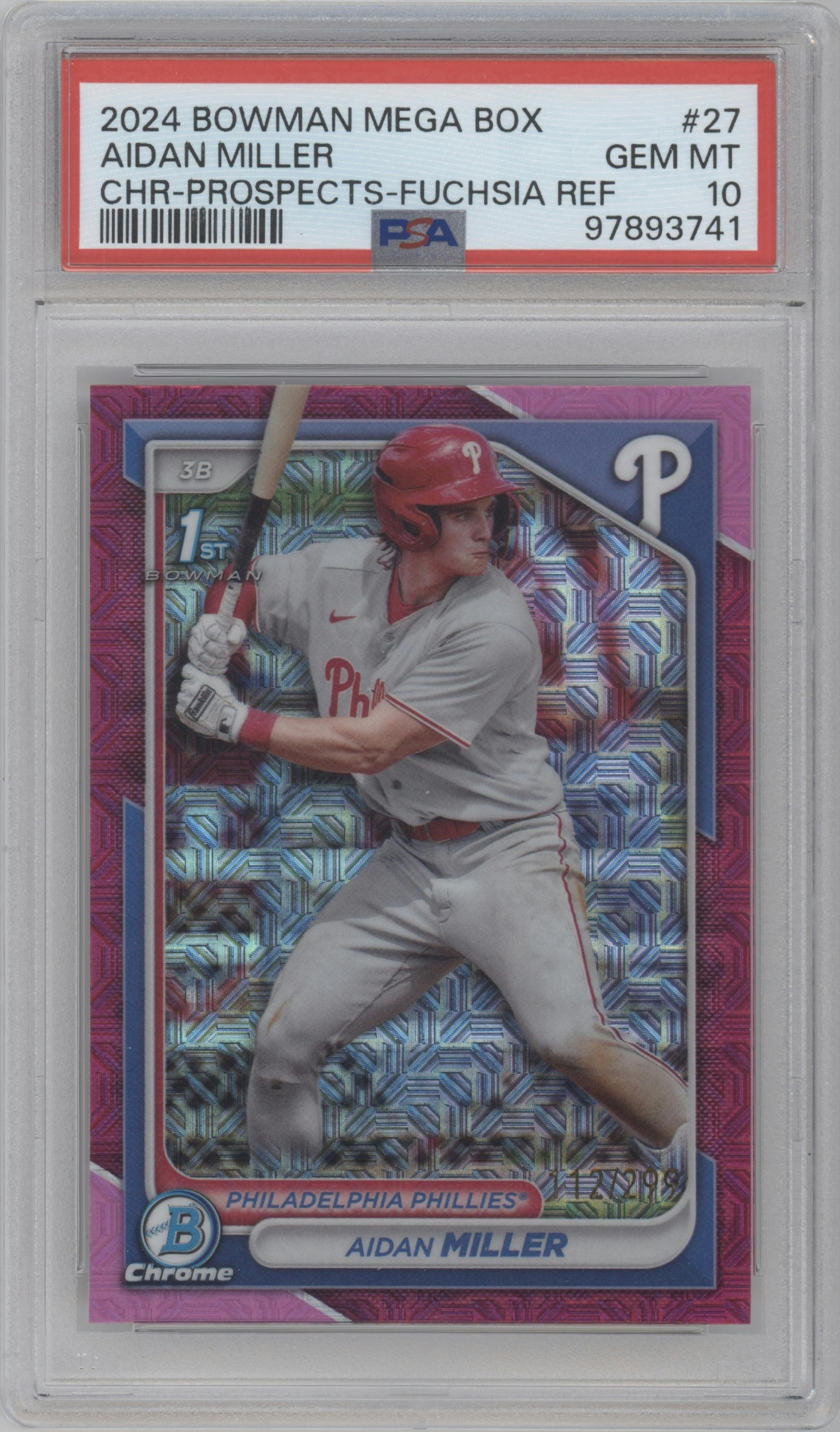 Aidan Miller from the 2024 Bowman Mega Box set featuring a Fuchsia Refractor parallel graded by PSA and given an overall grade of 10.