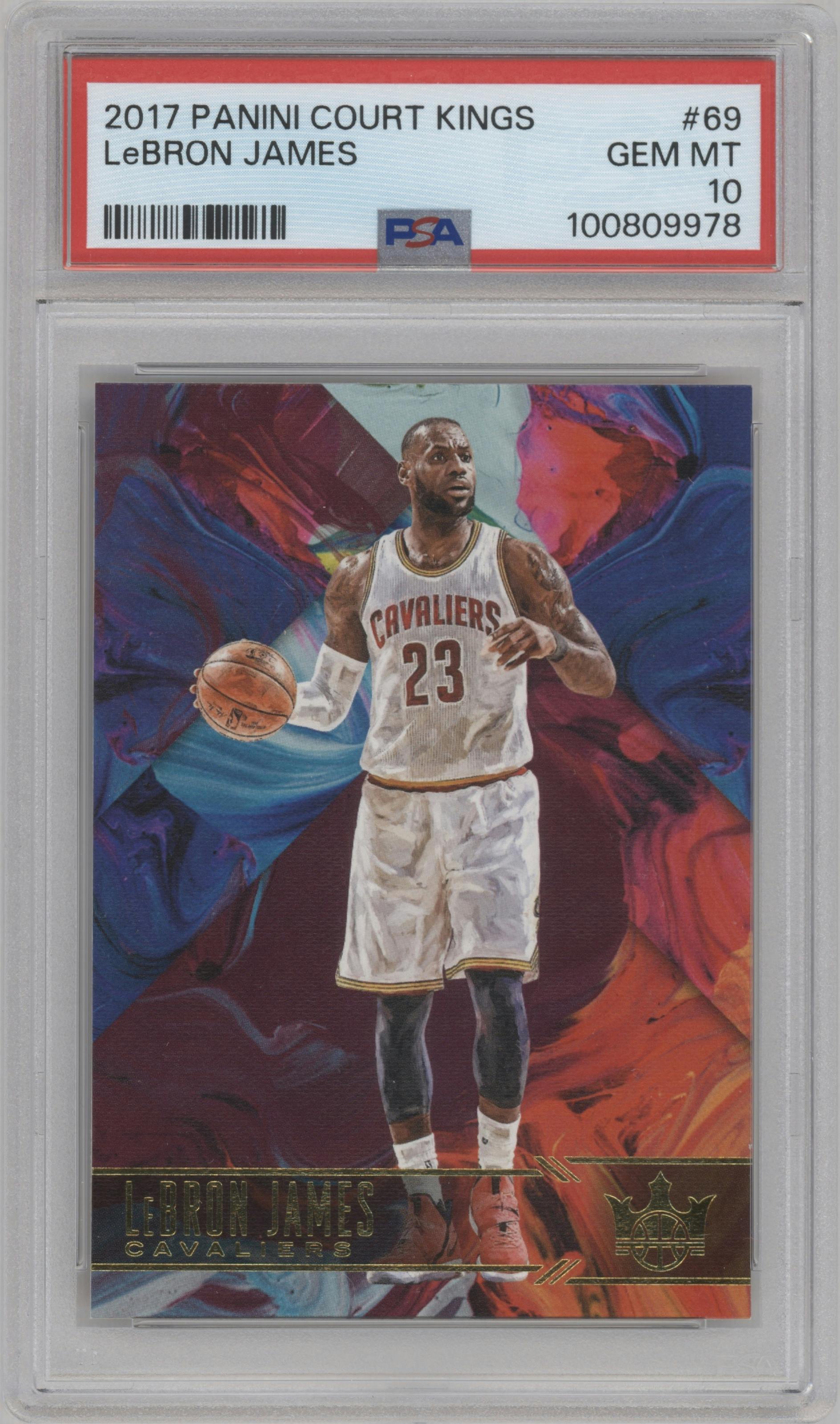 LeBron James from the 2017-18 Panini Court Kings Basketball set graded by PSA and given an overall grade of 10.