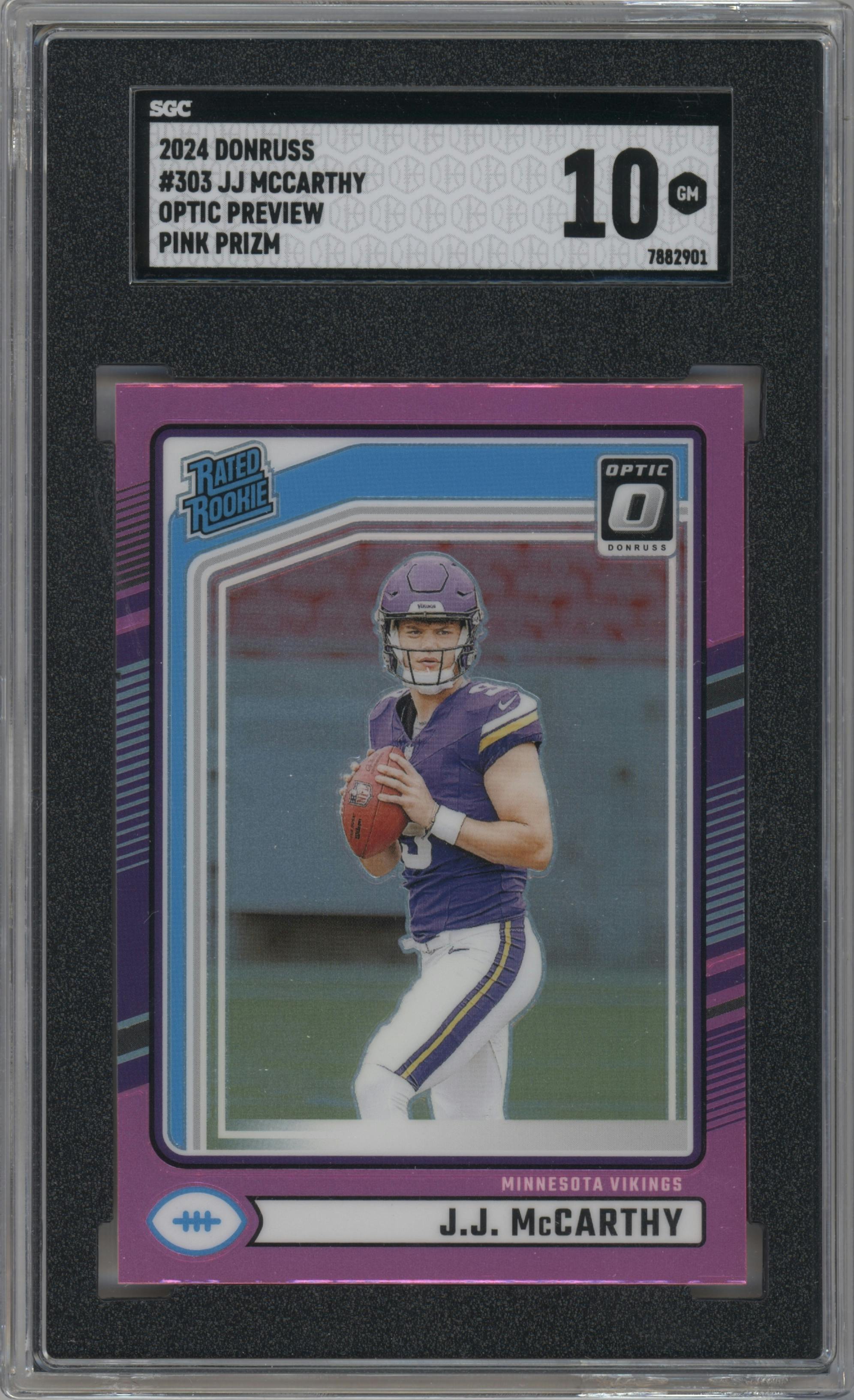 J.J. McCarthy from the 2024 Donruss set featuring a Pink parallel graded by SGC and given an overall grade of 10.