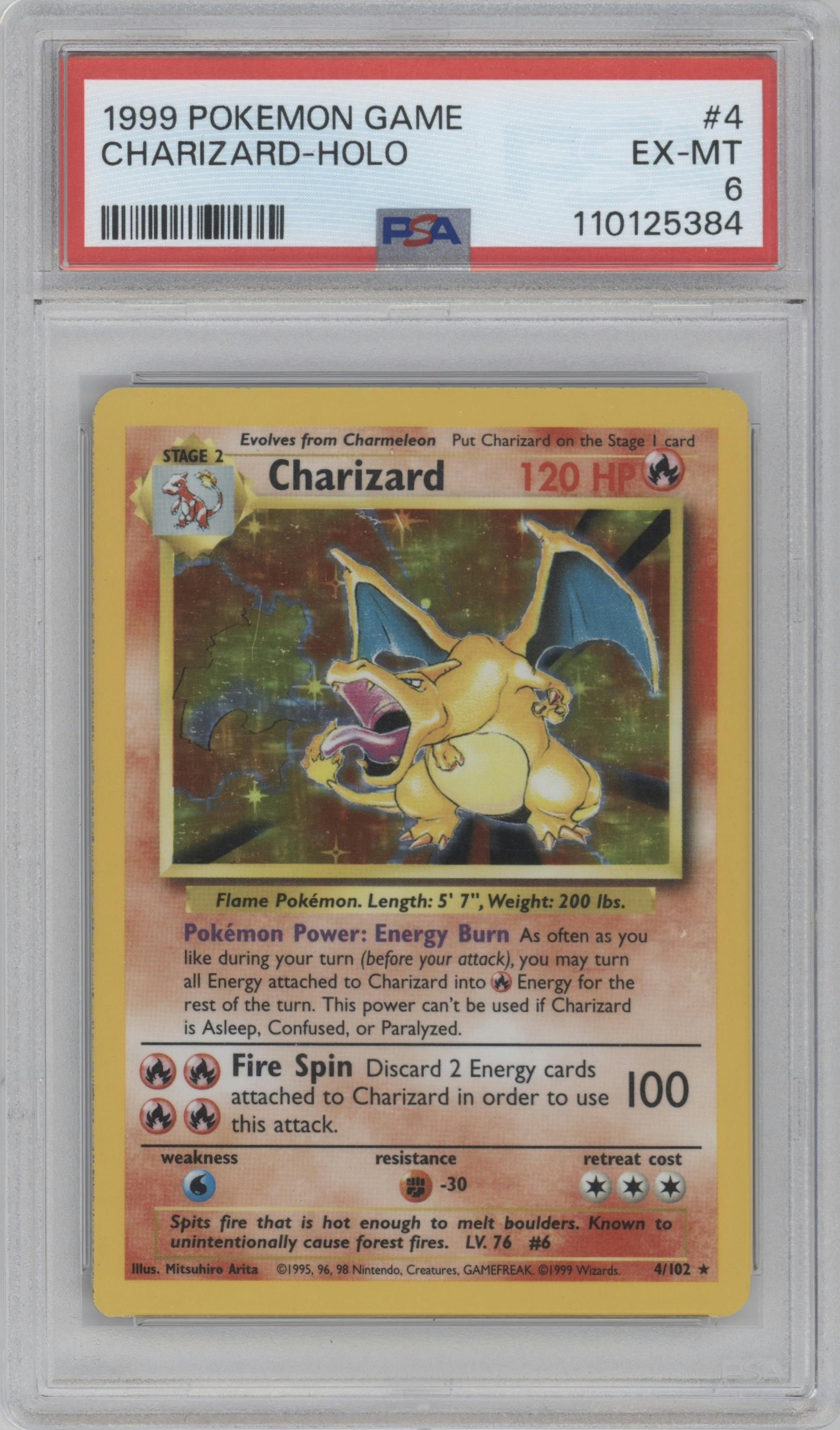 Charizard from the 1999 Pokemon set graded by PSA and given an overall grade of 6.