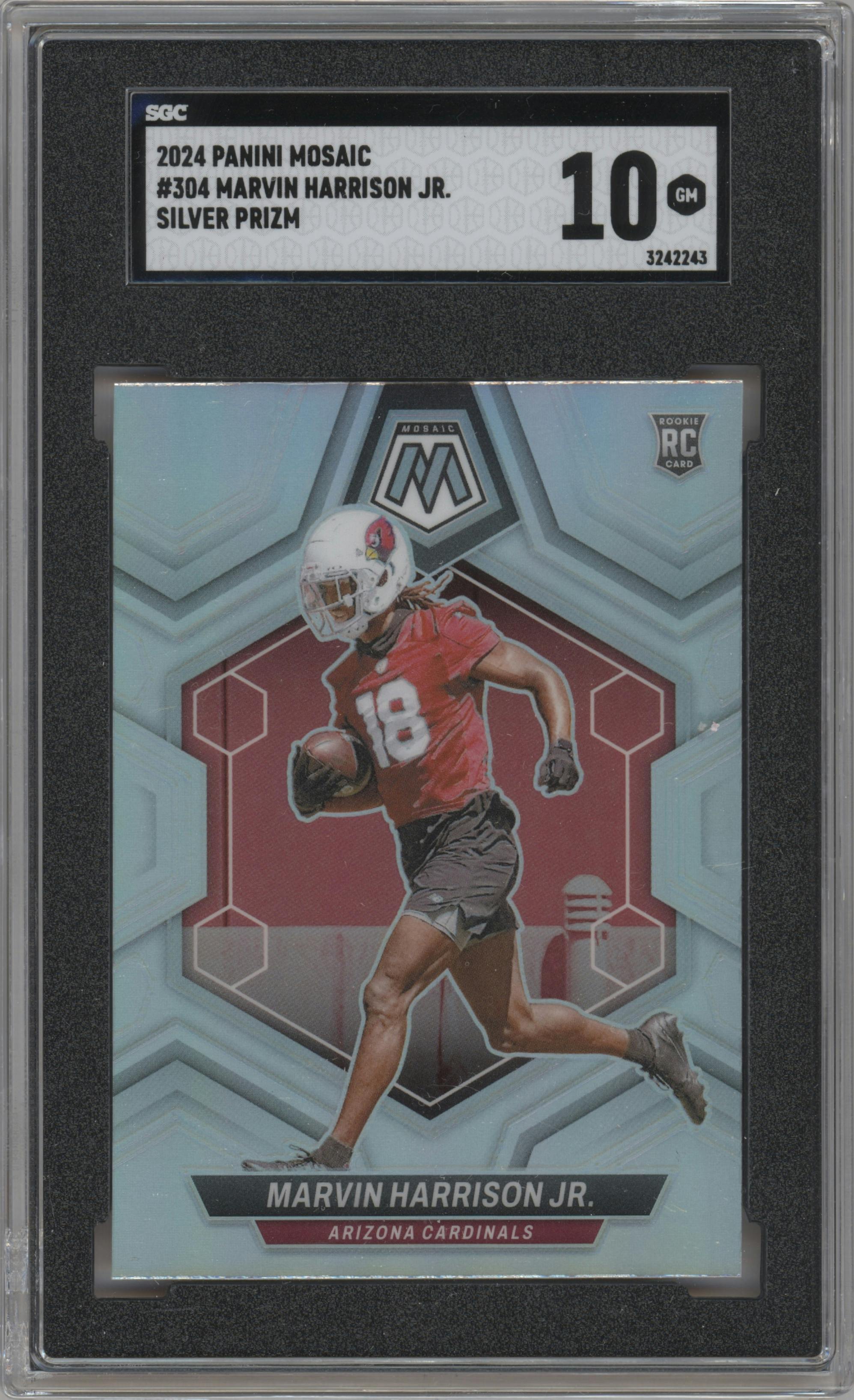 Marvin Harrison Jr. from the 2024 Panini Mosaic set featuring a Silver parallel graded by SGC and given an overall grade of 10.