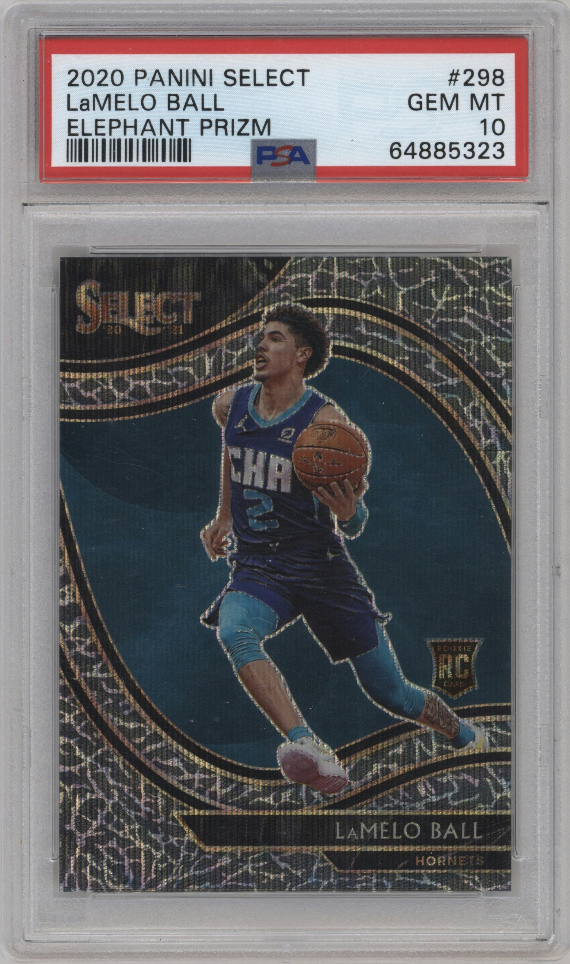 LaMelo Ball from the 2020-21 Panini Select  set featuring a Elephant parallel graded by PSA and given an overall grade of 10.