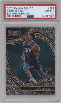 LaMelo Ball from the 2020-21 Panini Select set featuring a Elephant parallel graded by PSA and given an overall grade of 10.