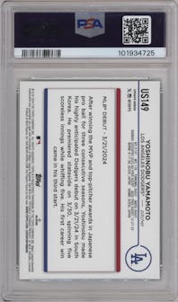Yoshinobu Yamamoto from the 2024 Topps Update set featuring a Aqua parallel graded by PSA and given an overall grade of 10.