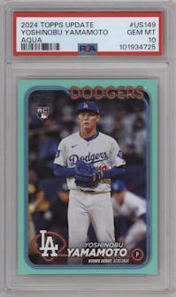 Yoshinobu Yamamoto from the 2024 Topps Update set featuring a Aqua parallel graded by PSA and given an overall grade of 10.