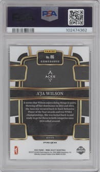 A’ja Wilson from the 2024 Panini Select WNBA set featuring a Silver Flash Prizm  parallel graded by PSA and given an overall grade of 9.