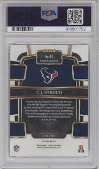 C.J. Stroud from the 2023 Panini Select set featuring a  Blue Prizm parallel graded by PSA and given an overall grade of 10.