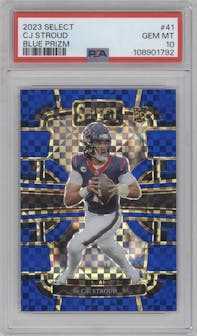 C.J. Stroud from the 2023 Panini Select set featuring a  Blue Prizm parallel graded by PSA and given an overall grade of 10.