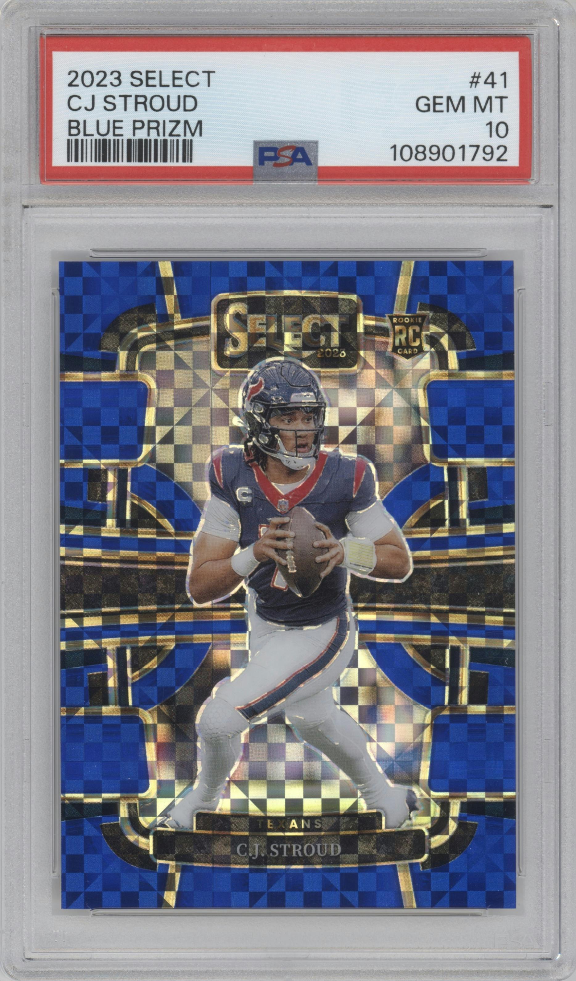 C.J. Stroud from the 2023 Panini Select set featuring a  Blue Prizm parallel graded by PSA and given an overall grade of 10.