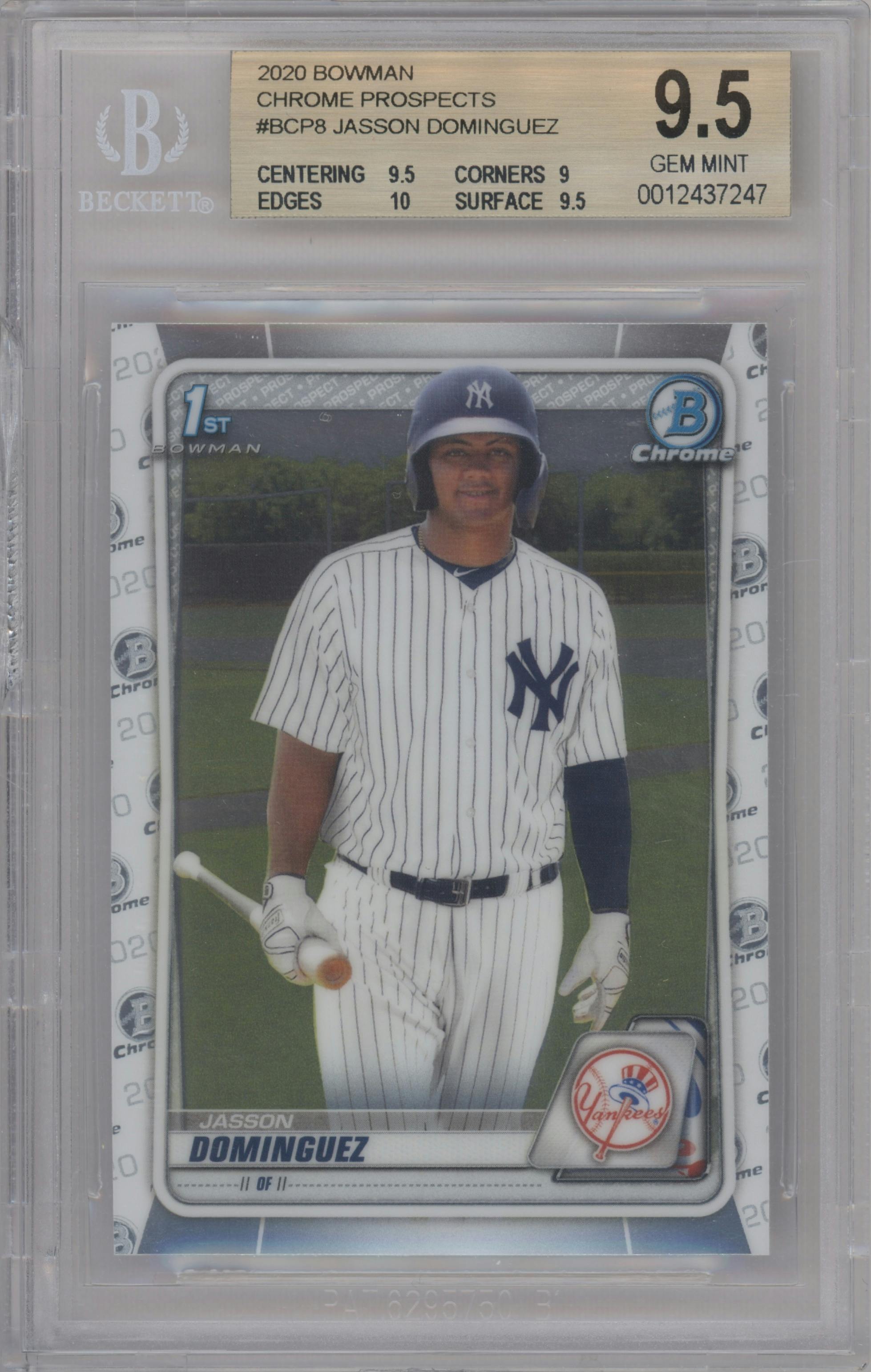 Jasson Dominguez from the 2020 Bowman set graded by Beckett and given an overall grade of 9.5.