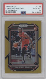 Christian Koloko from the 2022-23 Panini Prizm  set featuring a Gold Prizm parallel graded by PSA and given an overall grade of 10.