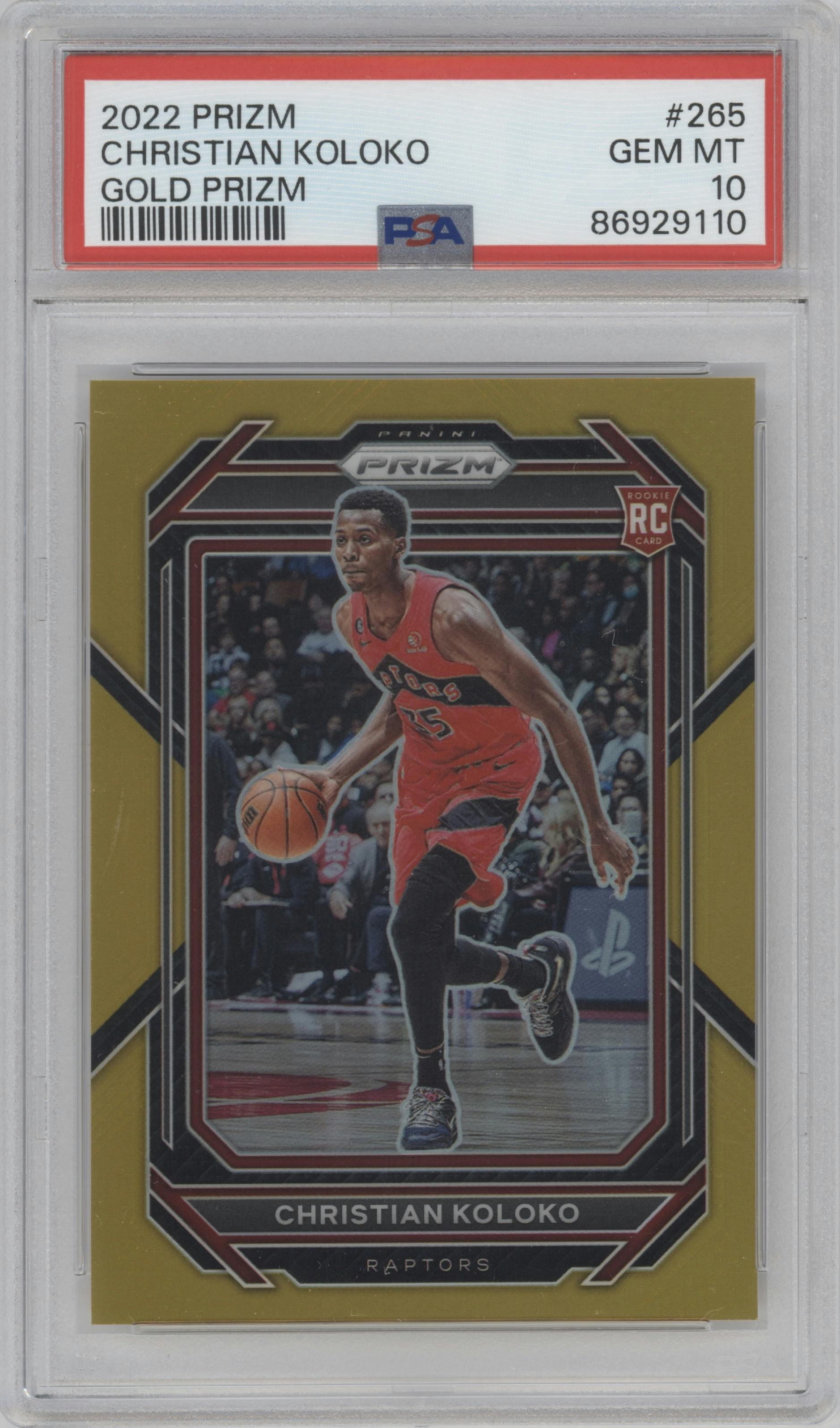 Christian Koloko from the 2022-23 Panini Prizm  set featuring a Gold Prizm parallel graded by PSA and given an overall grade of 10.