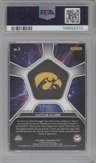 Caitlin Clark from the 2024 Panini Prizm Draft Picks set featuring a Silver Prizm parallel graded by PSA and given an overall grade of 10.