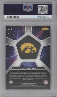 Caitlin Clark from the 2024 Panini Prizm Draft Picks set featuring a Silver Prizm parallel graded by PSA and given an overall grade of 10.