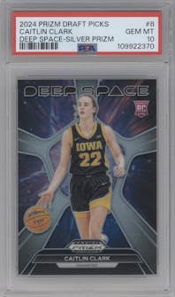Caitlin Clark from the 2024 Panini Prizm Draft Picks set featuring a Silver Prizm parallel graded by PSA and given an overall grade of 10.