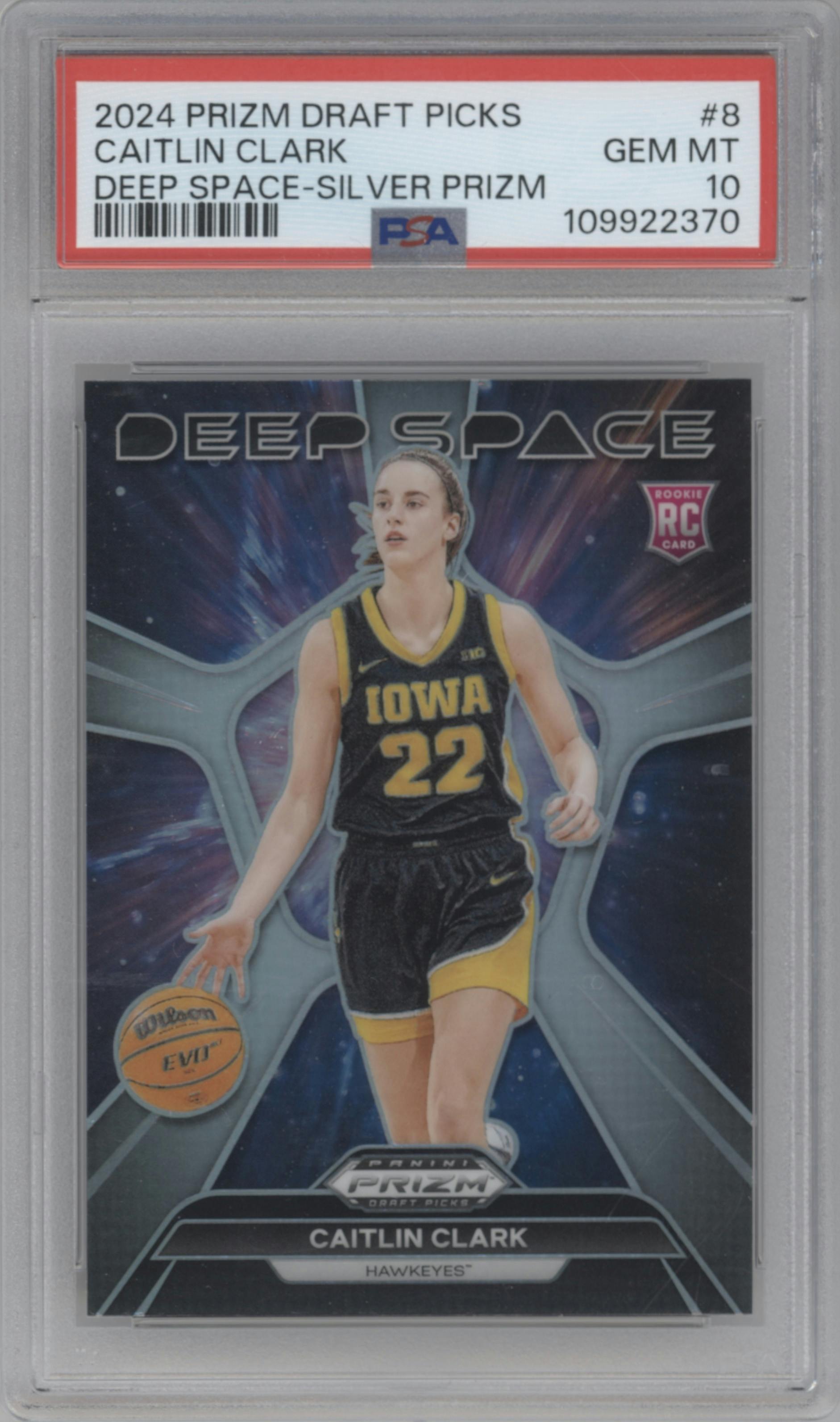 Caitlin Clark from the 2024 Panini Prizm Draft Picks set featuring a Silver Prizm parallel graded by PSA and given an overall grade of 10.