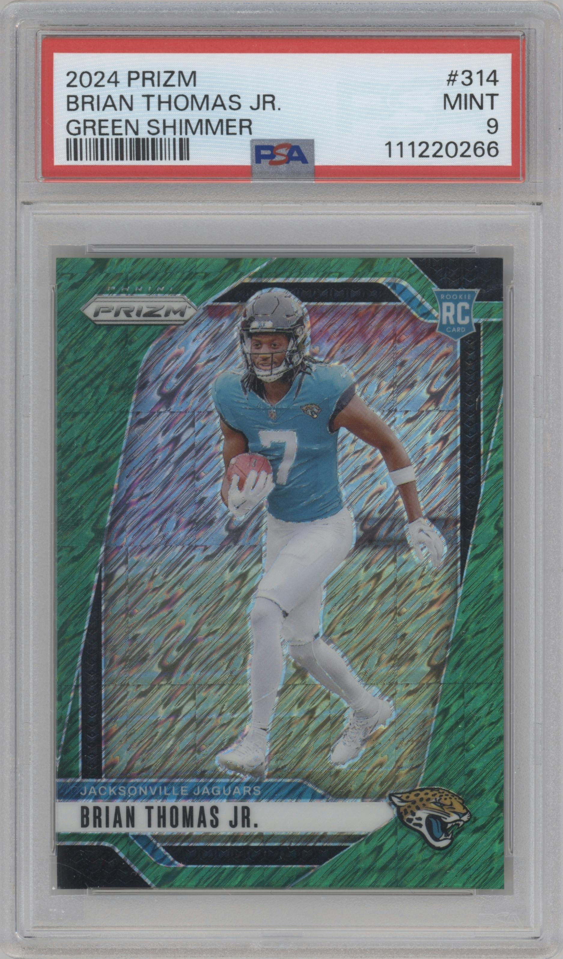 Brian Thomas Jr. from the 2024 Panini Prizm set featuring a Green Shimmer parallel graded by PSA and given an overall grade of 9.