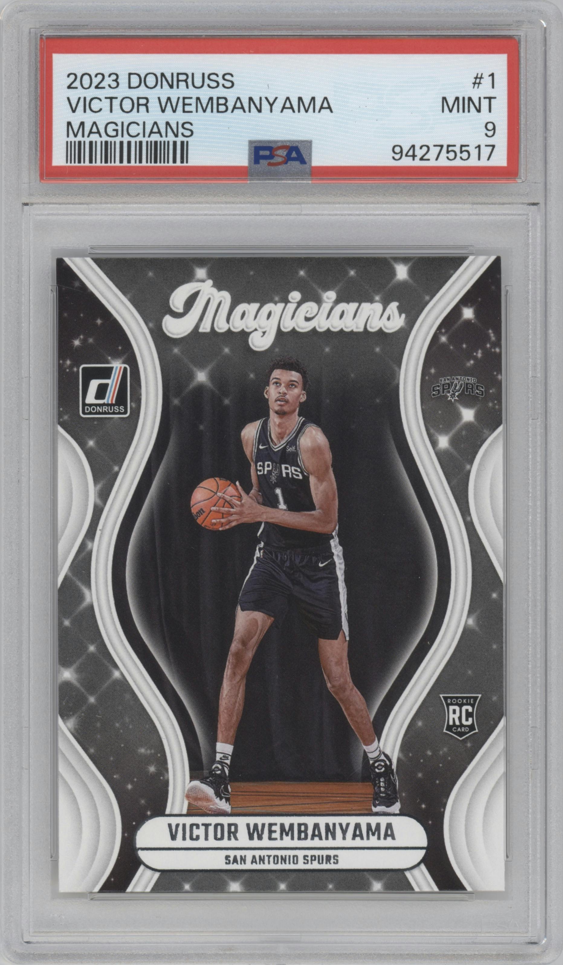 Victor Wembanyama from the 2023-24 Panini Donruss set graded by PSA and given an overall grade of 9.