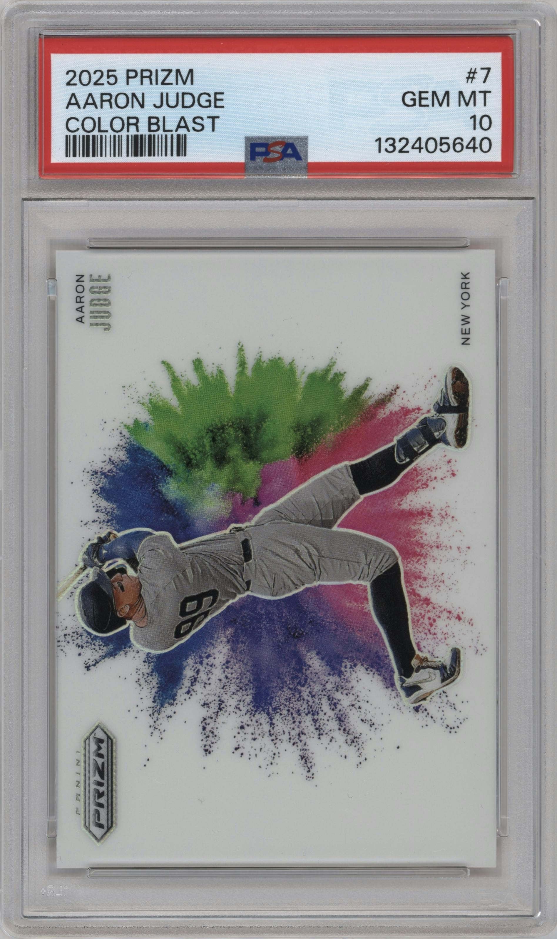 Aaron Judge from the 2025 Panini Prizm set graded by PSA and given an overall grade of 10.