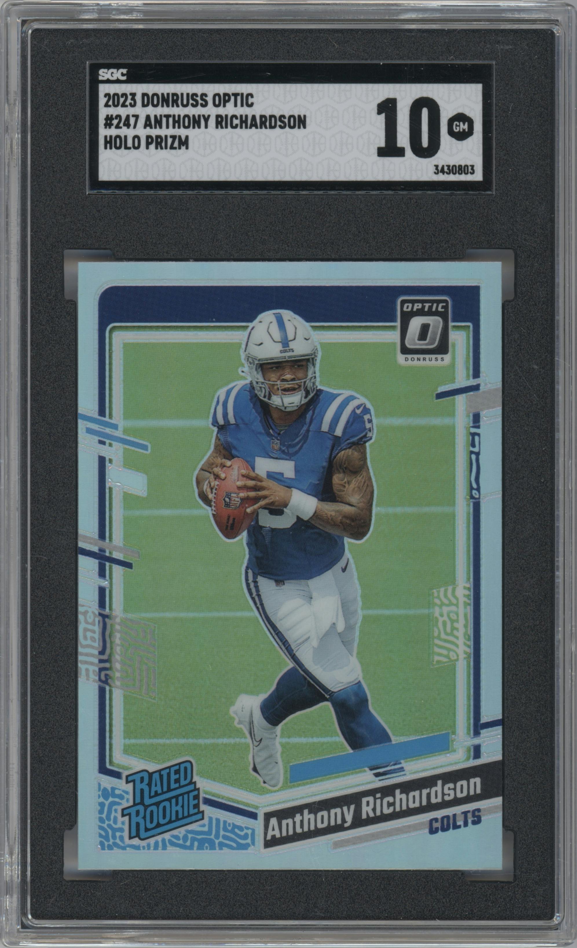 Anthony Richardson from the 2023 Donruss Optic set featuring a Holo parallel graded by SGC and given an overall grade of 10.
