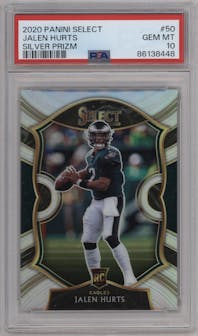 Jalen Hurts from the 2020 Panini Select set featuring a Silver Prizm parallel graded by PSA and given an overall grade of 10.