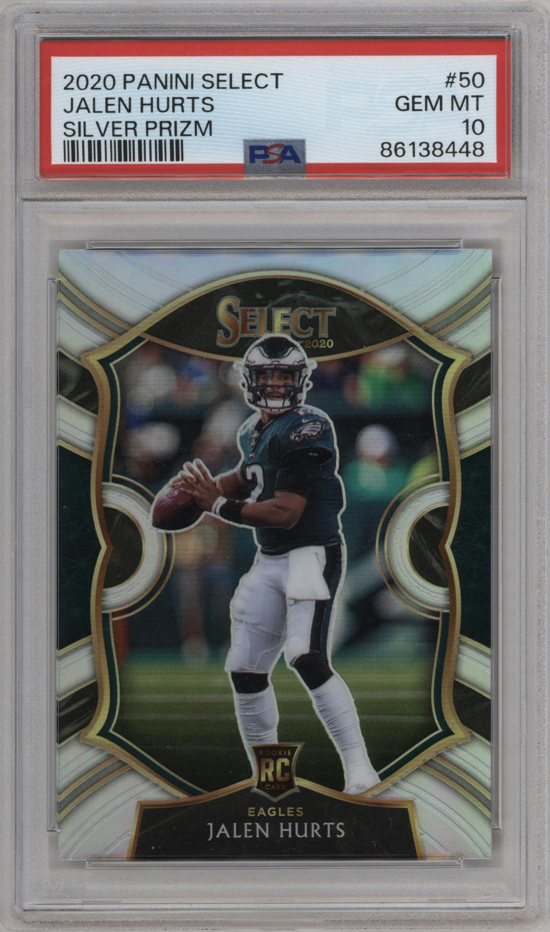 Jalen Hurts from the 2020 Panini Select set featuring a Silver Prizm parallel graded by PSA and given an overall grade of 10.