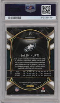 Jalen Hurts from the 2020 Panini Select set featuring a Silver Prizm parallel graded by PSA and given an overall grade of 10.