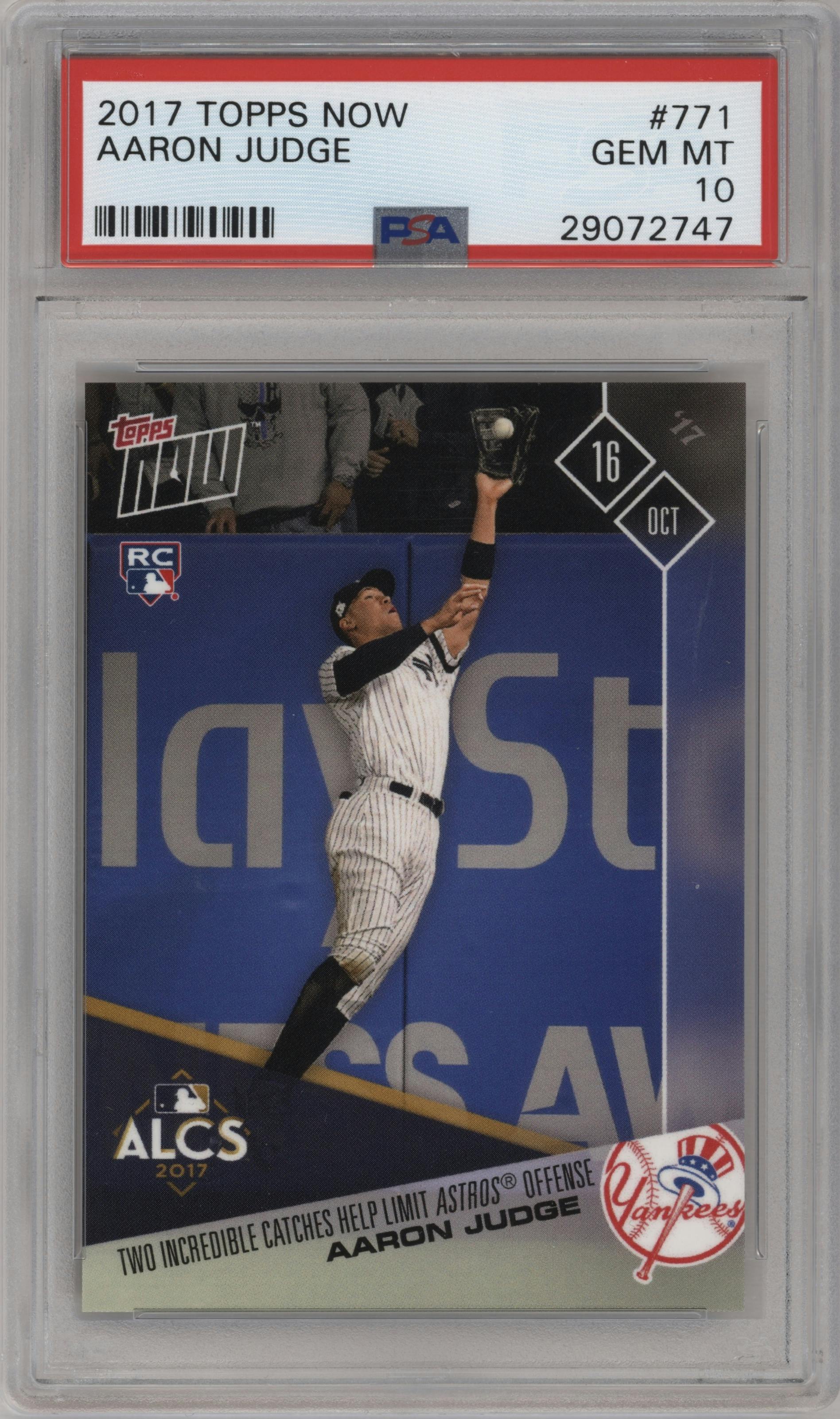 Aaron Judge from the 2017 Topps Now set graded by PSA and given an overall grade of 10.