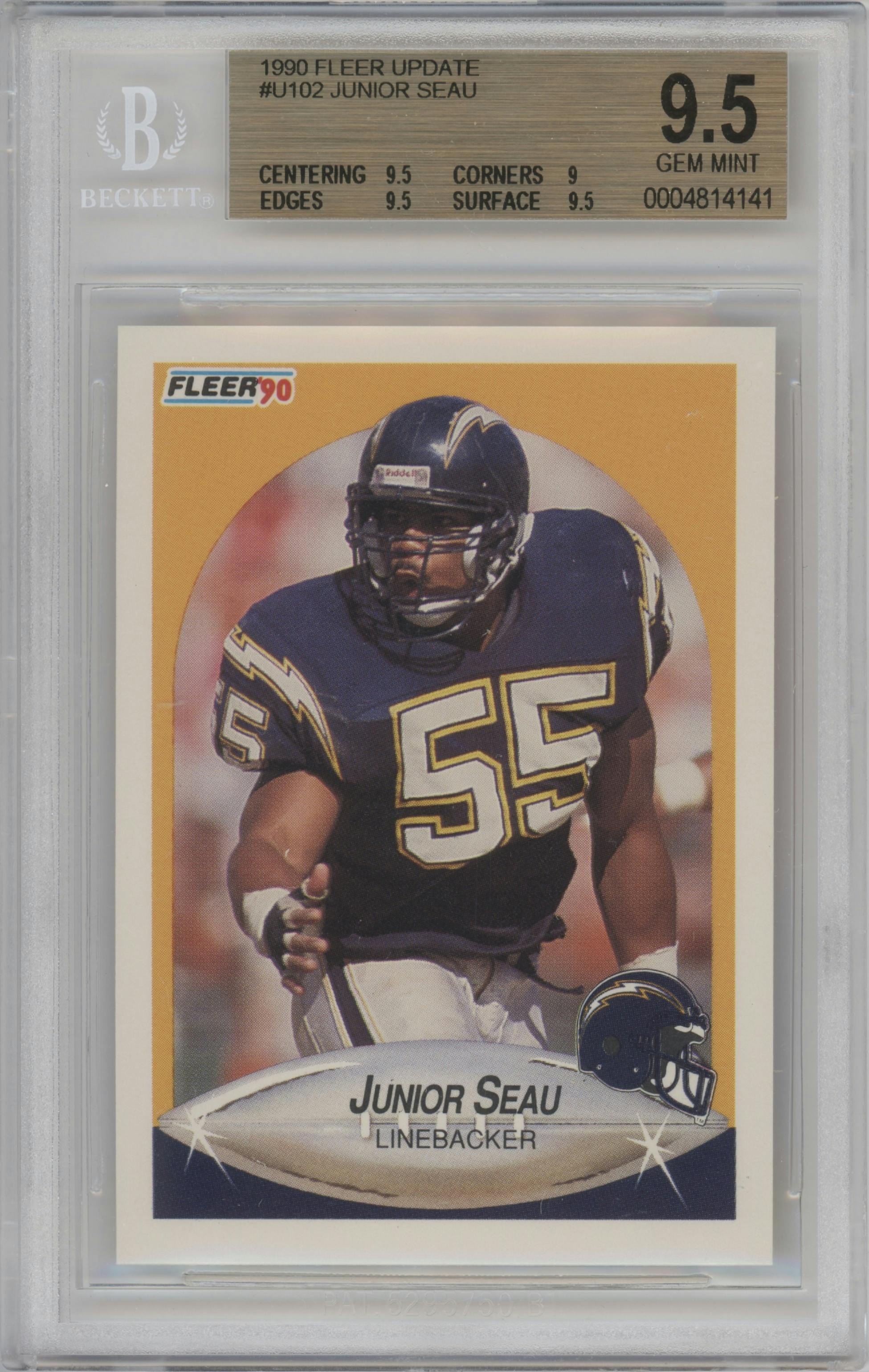 Junior Seau from the 1990 Fleer Update set graded by Beckett and given an overall grade of 9.5.