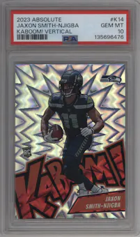 Jaxon Smith-Njigba from the 2023 Panini Absolute set graded by PSA and given an overall grade of 10.