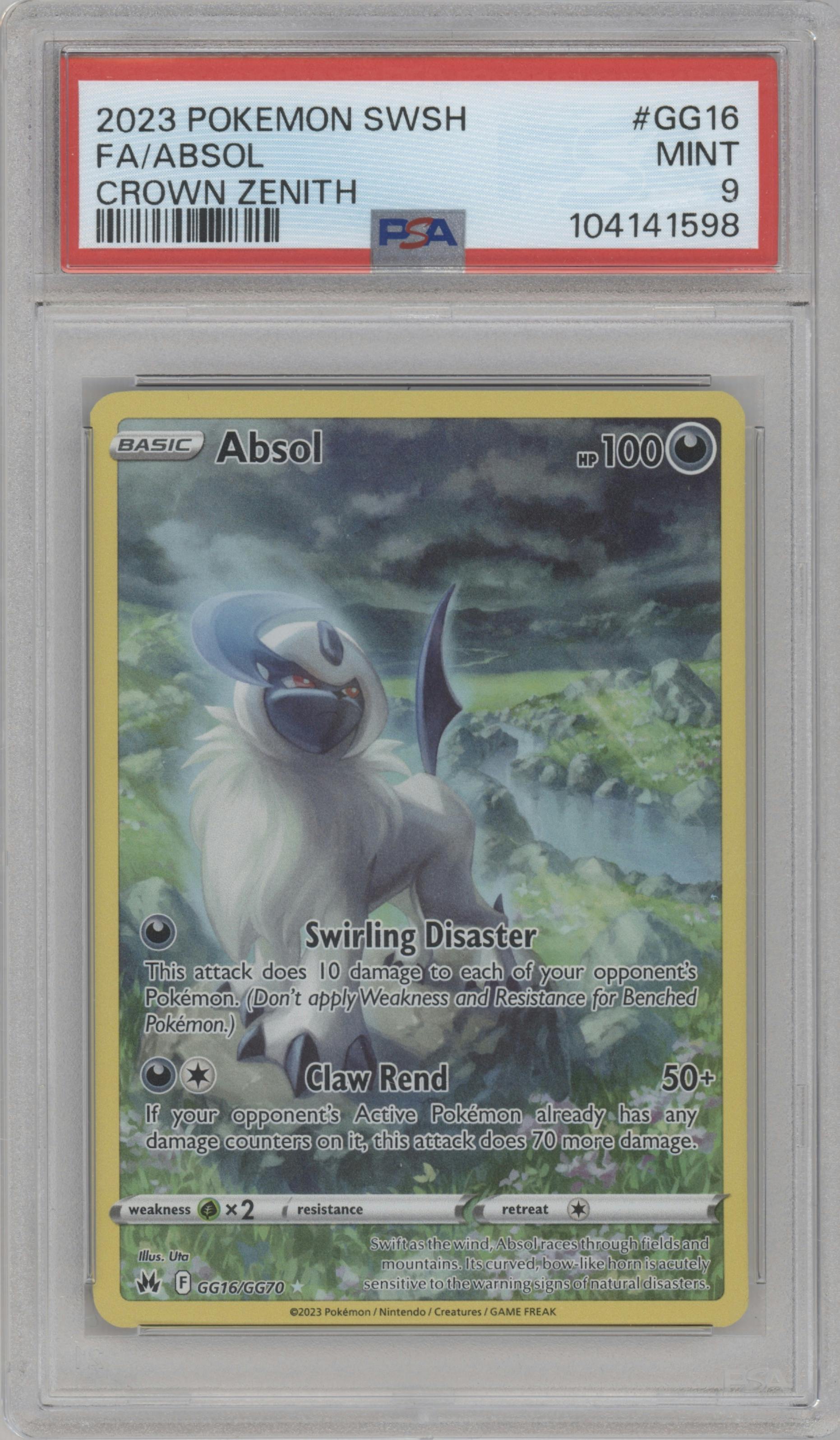 Absol from the 2023 Pokemon SWSH set graded by PSA and given an overall grade of 9.