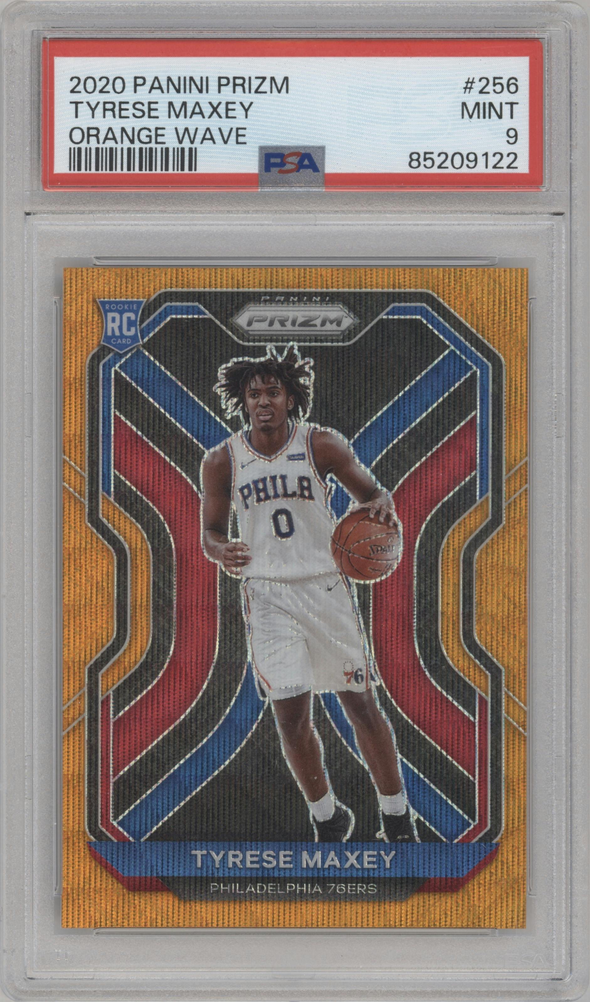 Tyrese Maxey from the 2020-21 Panini Prizm set featuring a Orange Wave parallel graded by PSA and given an overall grade of 9.