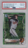 Heston Kjerstad from the 2021 Bowman Chrome Sapphire set featuring a Green parallel graded by PSA and given an overall grade of 10.