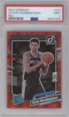 Victor Wembanyama from the 2023-24 Panini Donruss set featuring a Red parallel graded by PSA and given an overall grade of 9.