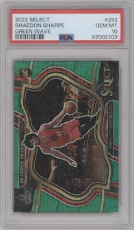 Shaedon Sharpe from the 2022-23 Panini Select set featuring a Green Wave parallel graded by PSA and given an overall grade of 10.