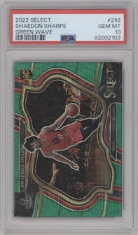 Shaedon Sharpe from the 2022-23 Panini Select set featuring a Green Wave parallel graded by PSA and given an overall grade of 10.