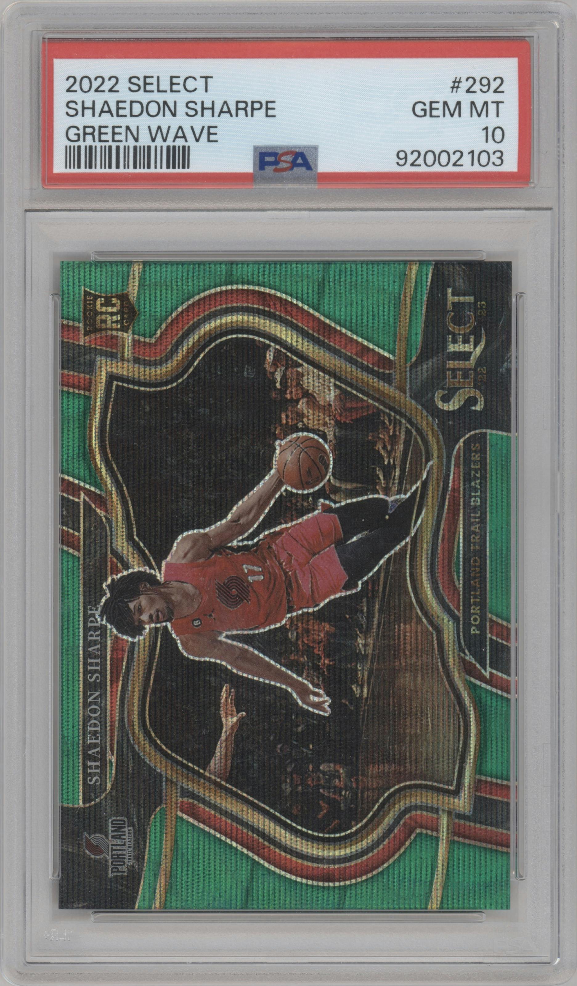 Shaedon Sharpe from the 2022-23 Panini Select set featuring a Green Wave parallel graded by PSA and given an overall grade of 10.