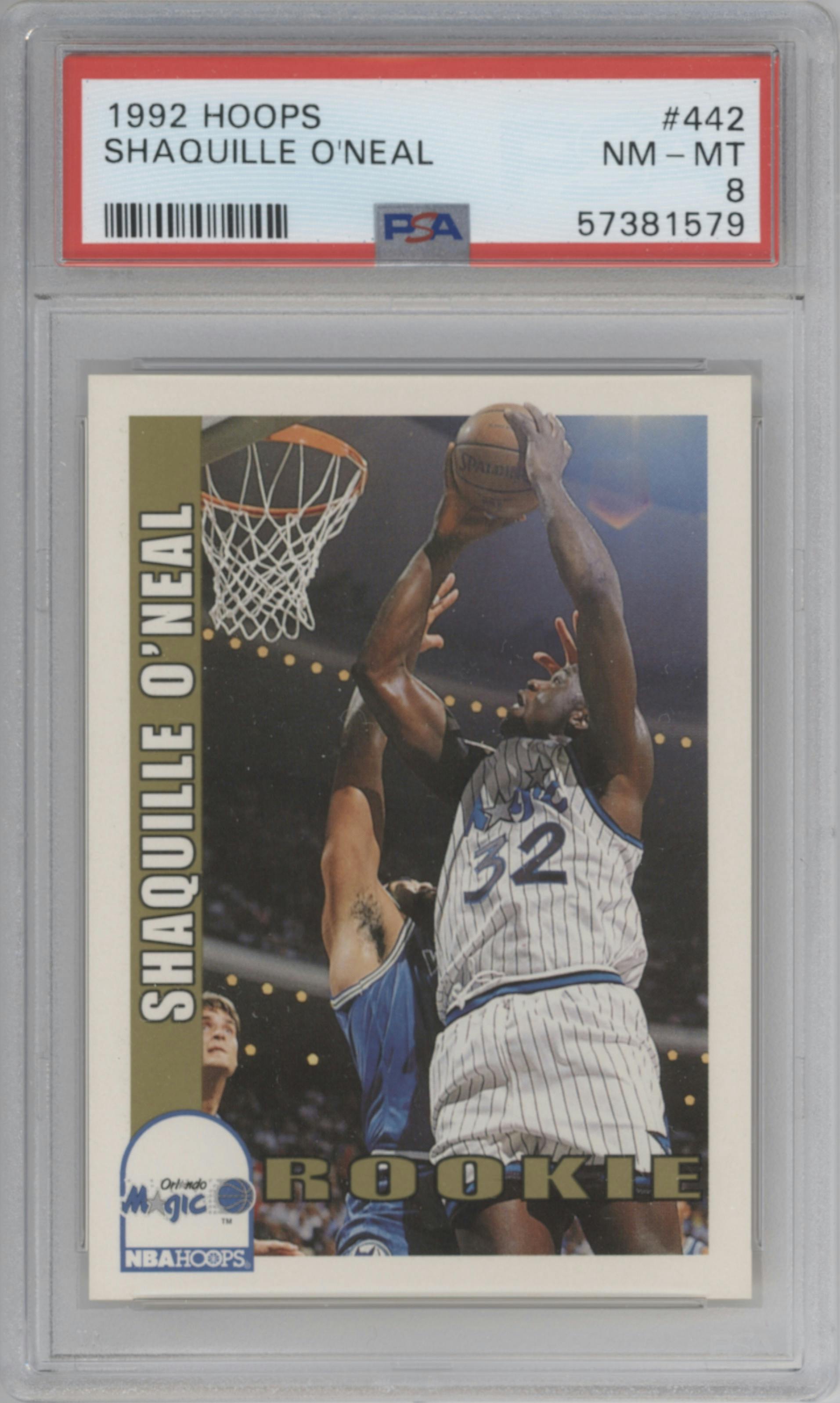 Shaquille O'Neal from the 1992-93 NBA Hoops set graded by PSA and given an overall grade of 8.