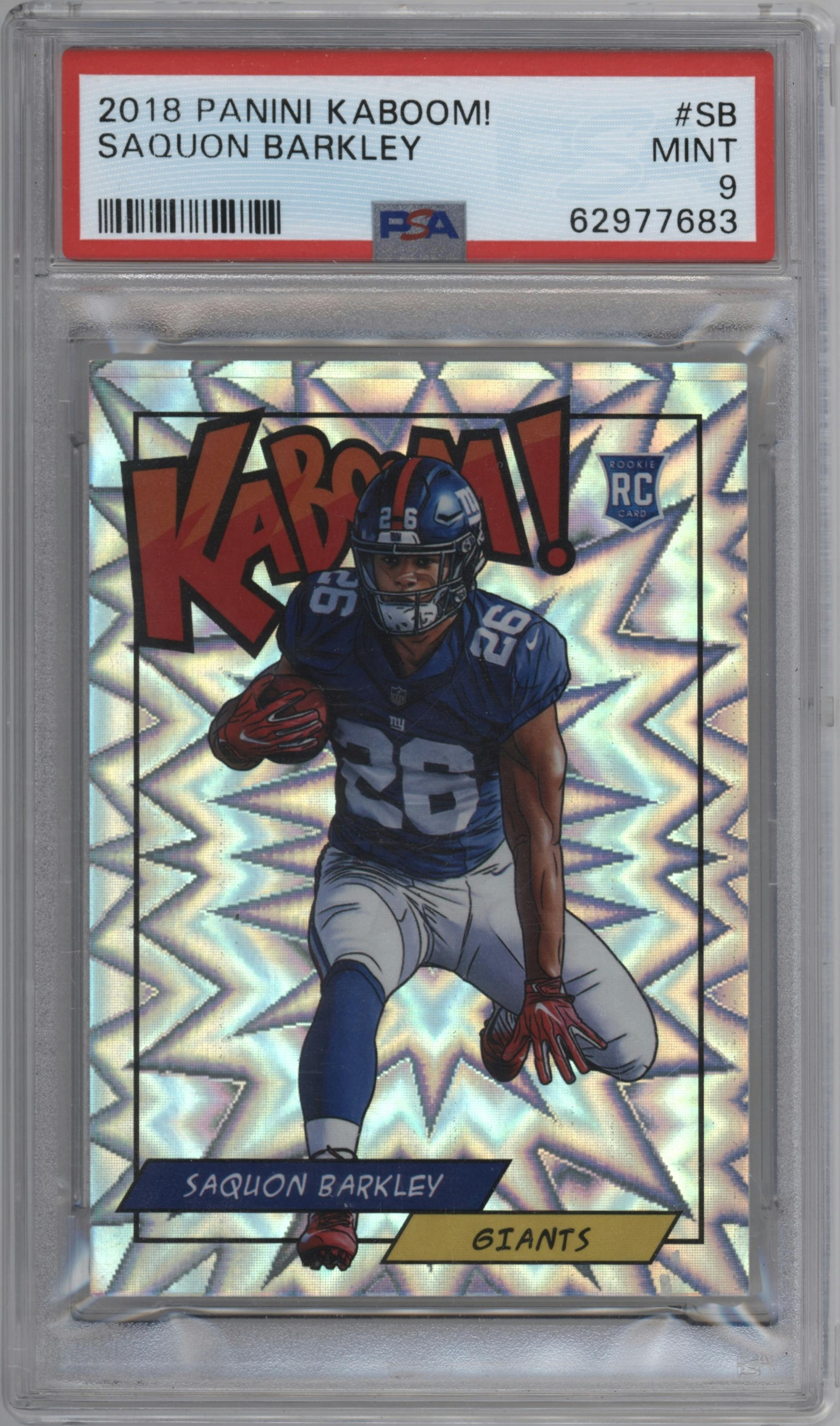 Saquon Barkley from the 2018 Panini Kaboom Rewards Multi-Sport set graded by PSA and given an overall grade of 9.