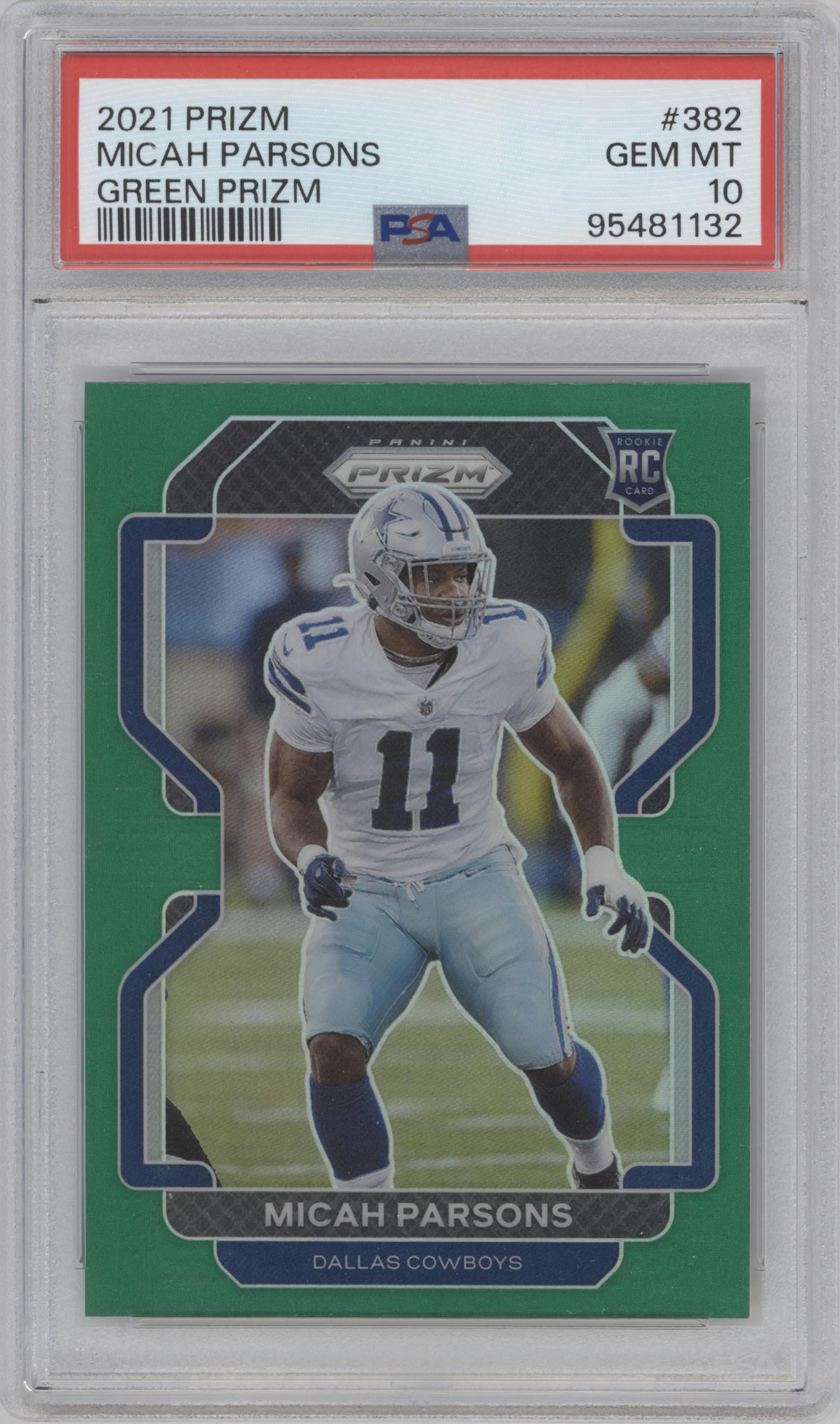 Micah Parsons from the 2021 Panini Prizm set featuring a Green Prizm parallel graded by PSA and given an overall grade of 10.